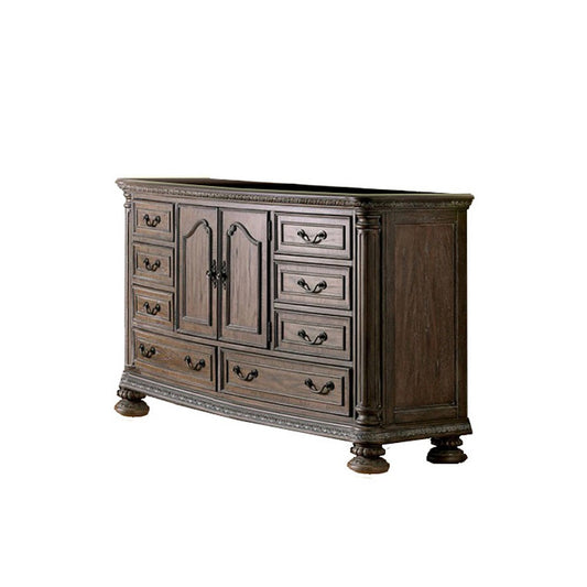 8 Drawers Wooden Dresser with Cabinet and Carving Details, Brown