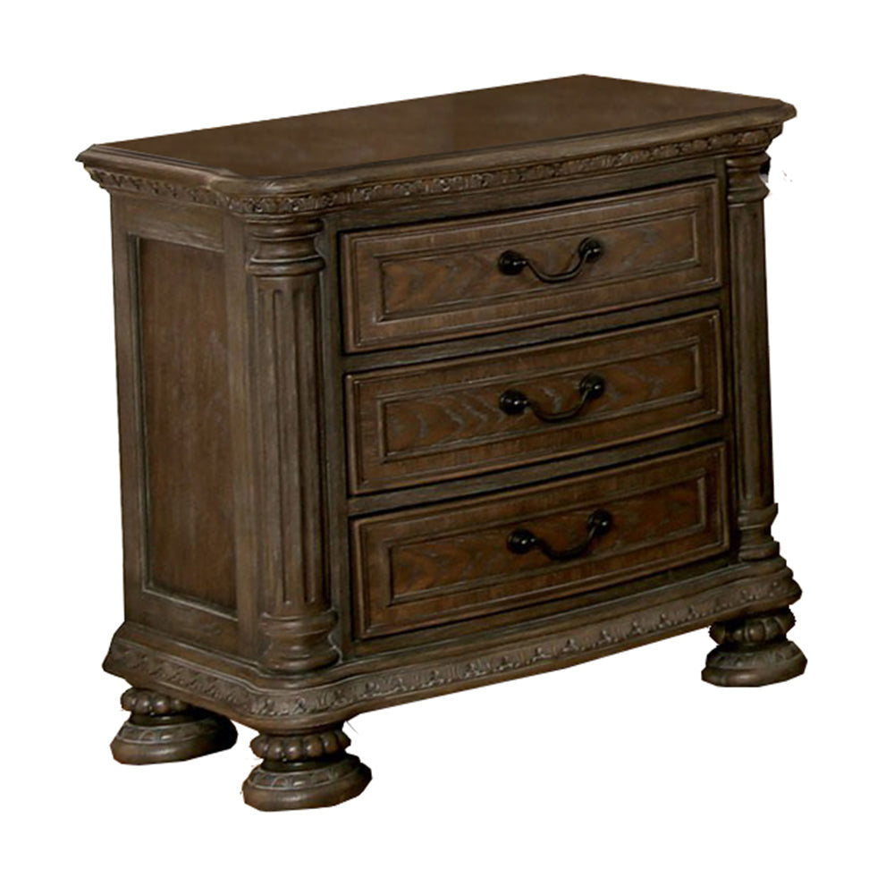 Nightstand | 3 Drawer | Carved Details | Wood | Brown