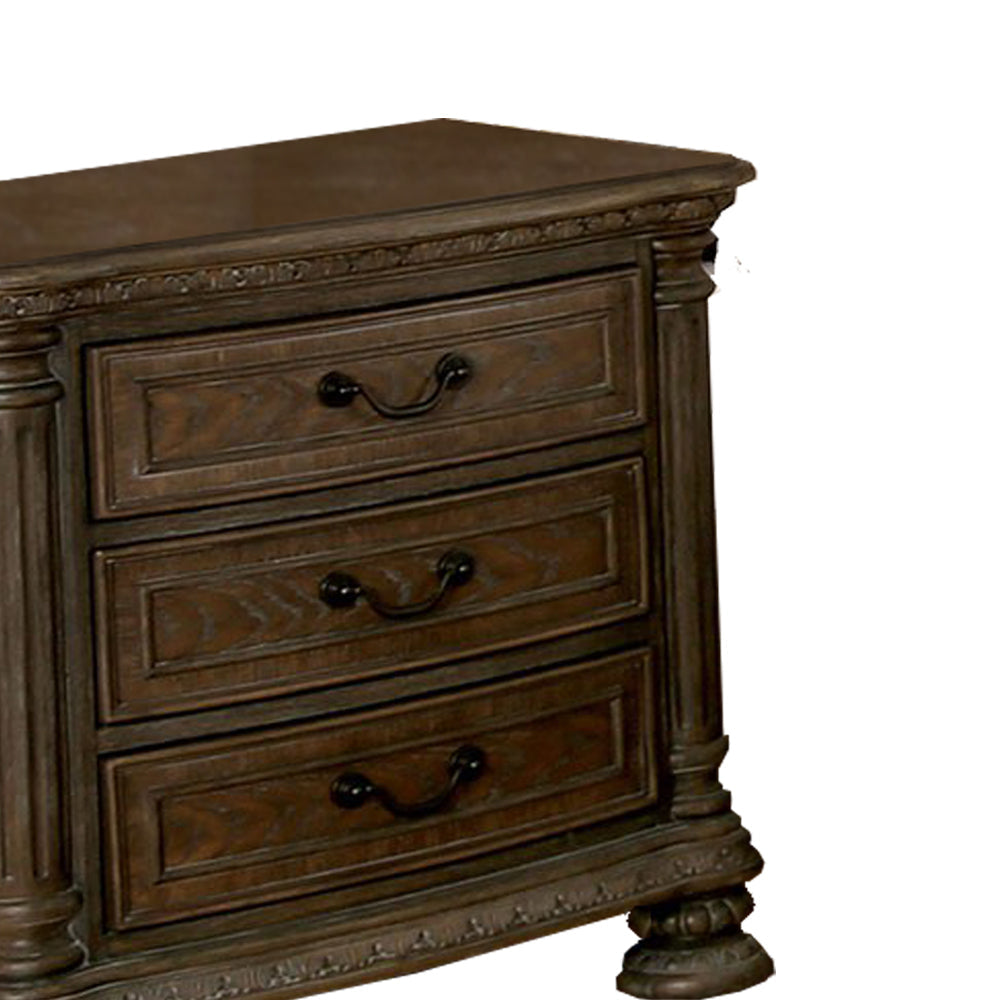 Wooden Nightstand with 3 Drawers and Intricate Carving Details Brown By Casagear Home BM203243