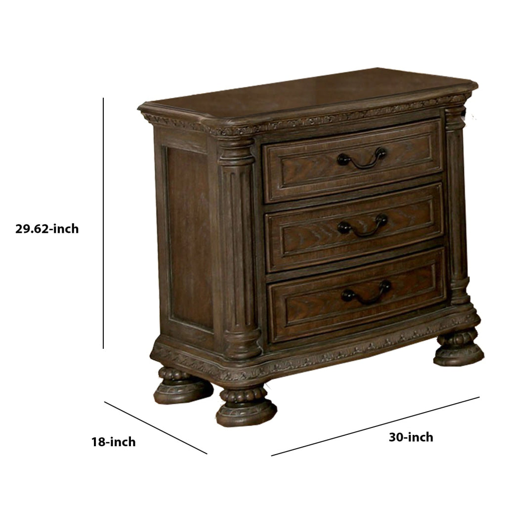 Wooden Nightstand with 3 Drawers and Intricate Carving Details Brown By Casagear Home BM203243