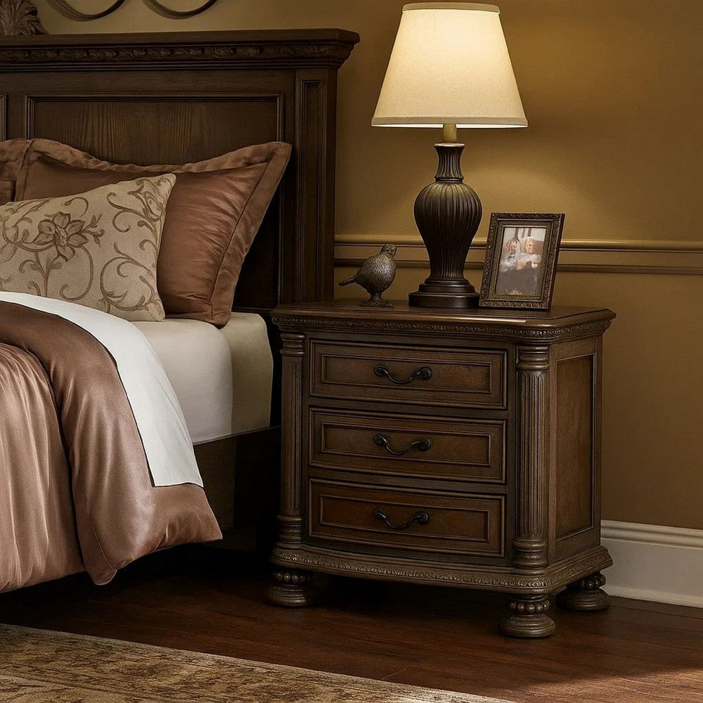 Nightstand | 3 Drawer | Carved Details | Wood | Brown