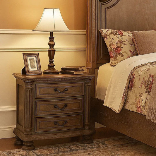 Nightstand | 3 Drawer | Carved Details | Wood | Brown