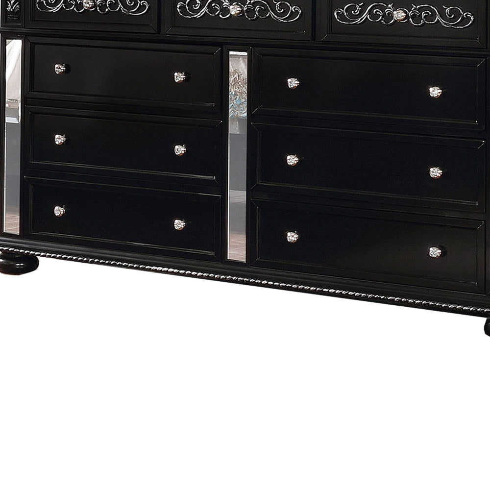 Wooden 9 Drawer Dresser with Mirror Inset and Bun Feet,Black and Clear By Casagear Home BM203257