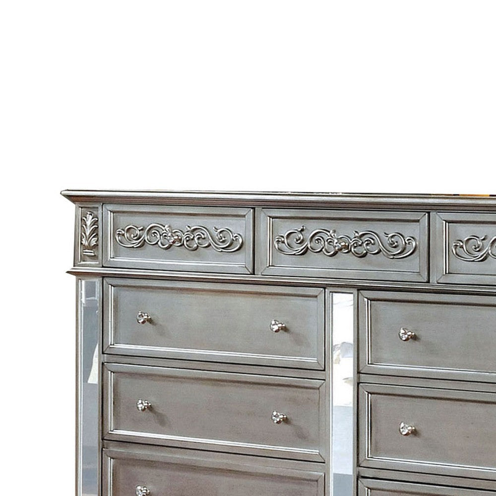 Wooden 9 Drawer Dresser with Mirror Inset and Bun Feet Gray and Clear By Casagear Home BM203258