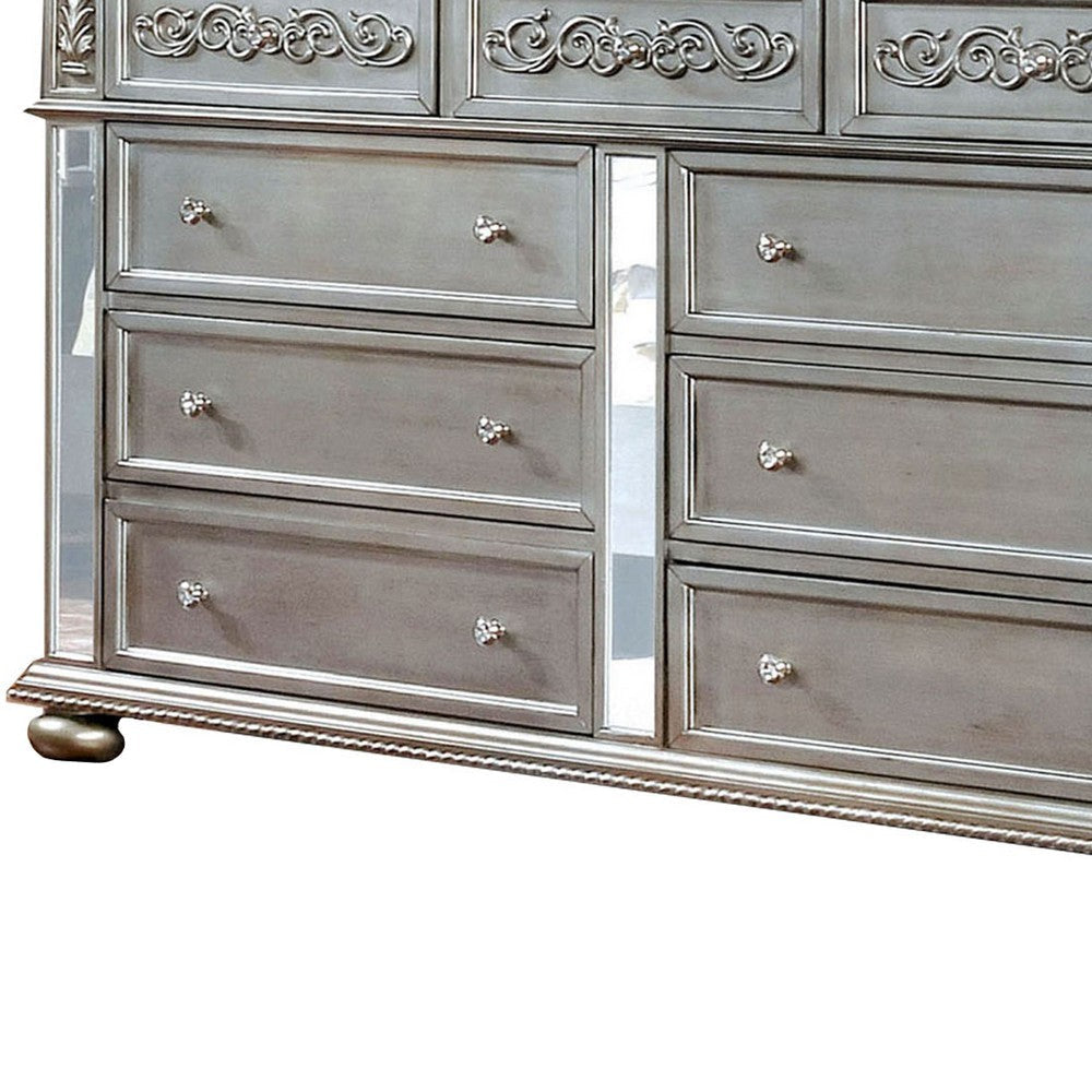 Wooden 9 Drawer Dresser with Mirror Inset and Bun Feet Gray and Clear By Casagear Home BM203258