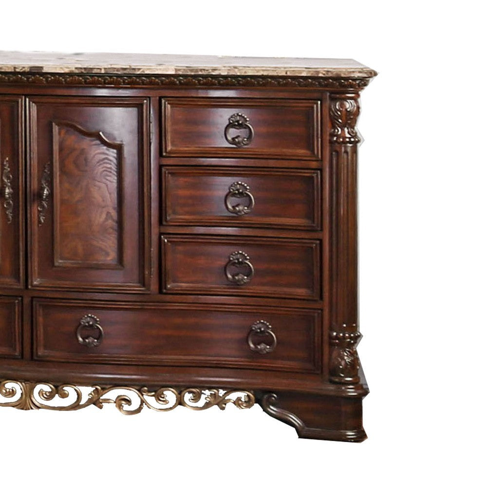 8 Drawer Wooden Dresser with 2 Door Cabinet and Marble Top Brown By Casagear Home BM203267