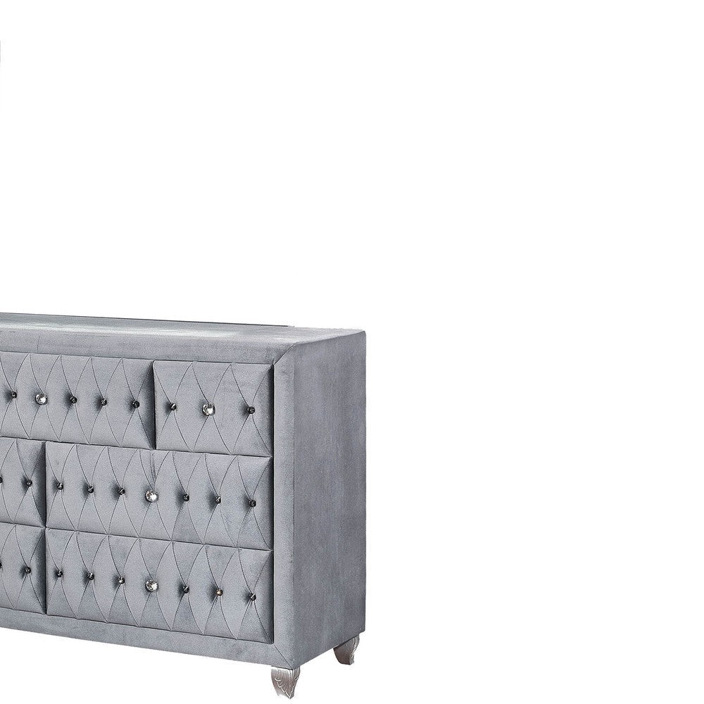 Fabric Upholstered 7 Drawer Wooden Dresser with Tufting Details Gray By Casagear Home BM203276