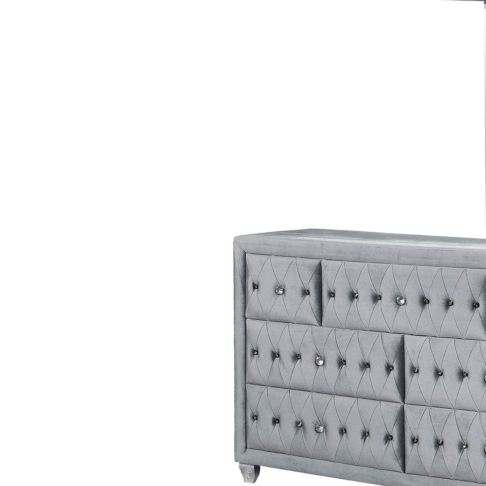 Fabric Upholstered 7 Drawer Wooden Dresser with Tufting Details Gray By Casagear Home BM203276