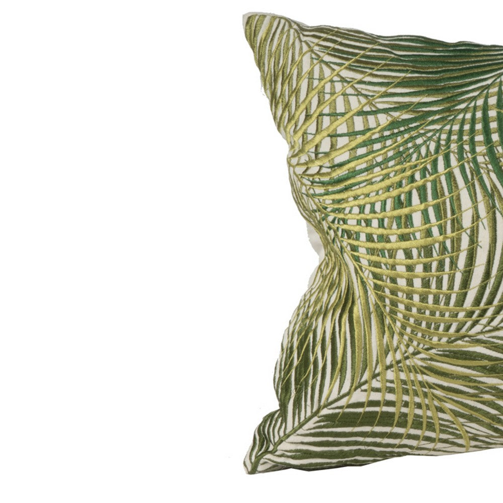 20 X 14 Inch Embroidered Pillow with Palm Leaf Design, White and Green - BM203504 By Casagear Home