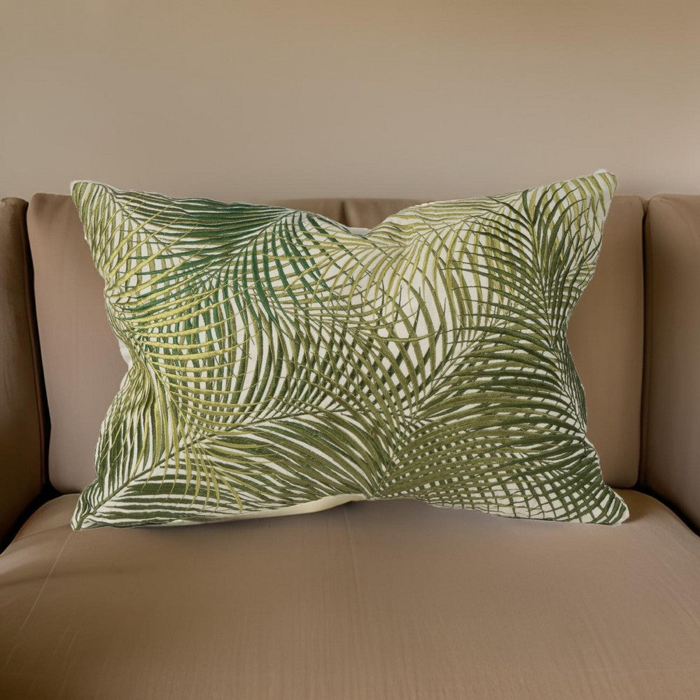 Pillow | 20 x 14 | Embroidered Palm Leaf Design | White & Green