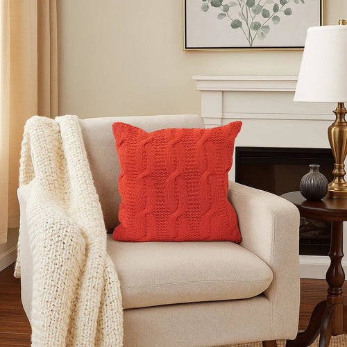 Pillow | 18 x 18 | Cotton | Cable Knit | Twisted Details | Orange