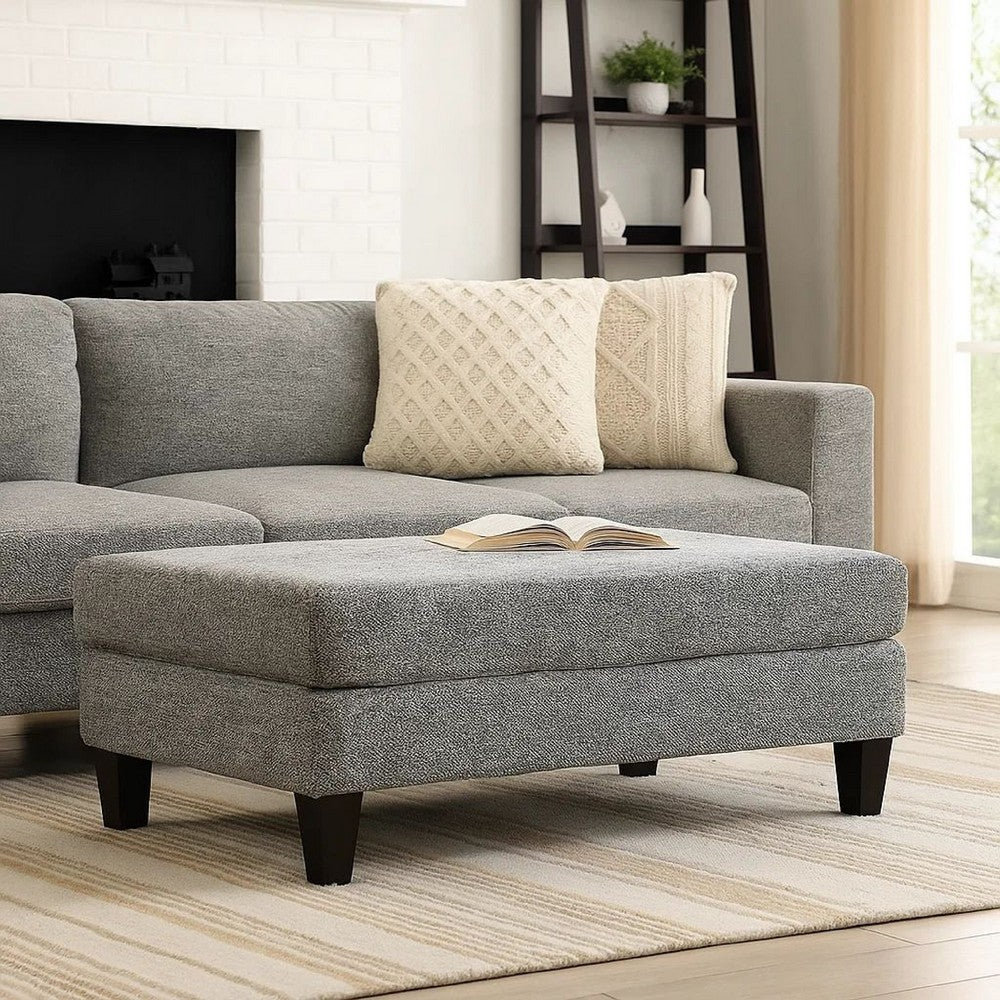 Fabric Upholstered Wooden Ottoman with Tapered Legs, Gray