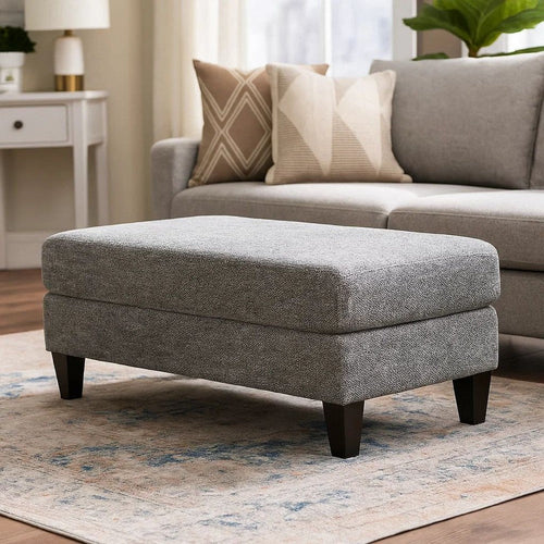 Fabric Upholstered Wooden Ottoman with Tapered Legs, Gray
