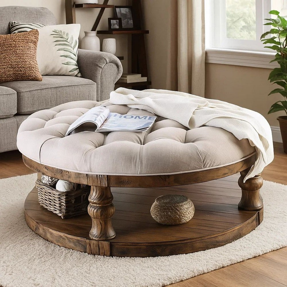 Cushioned Top Wooden Coffee Table with Bottom Shelf, Brown and Beige