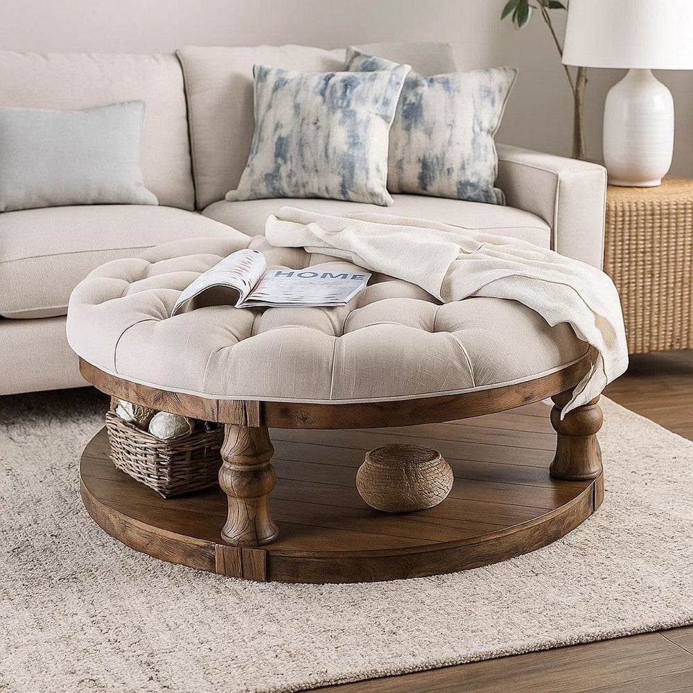 Cushioned Top Wooden Coffee Table with Bottom Shelf, Brown and Beige