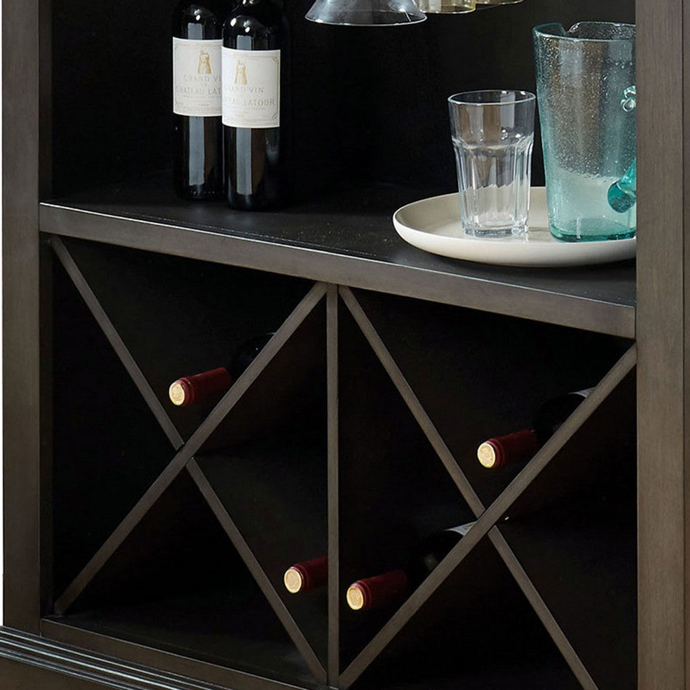 Wooden Bar Table with X Shaped Wine Holders and Wide Shelf, Gray