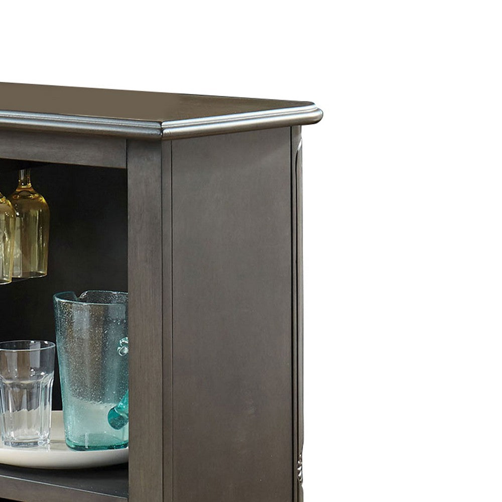 Wooden Bar Table with X Shaped Wine Holders and Wide Shelf, Gray