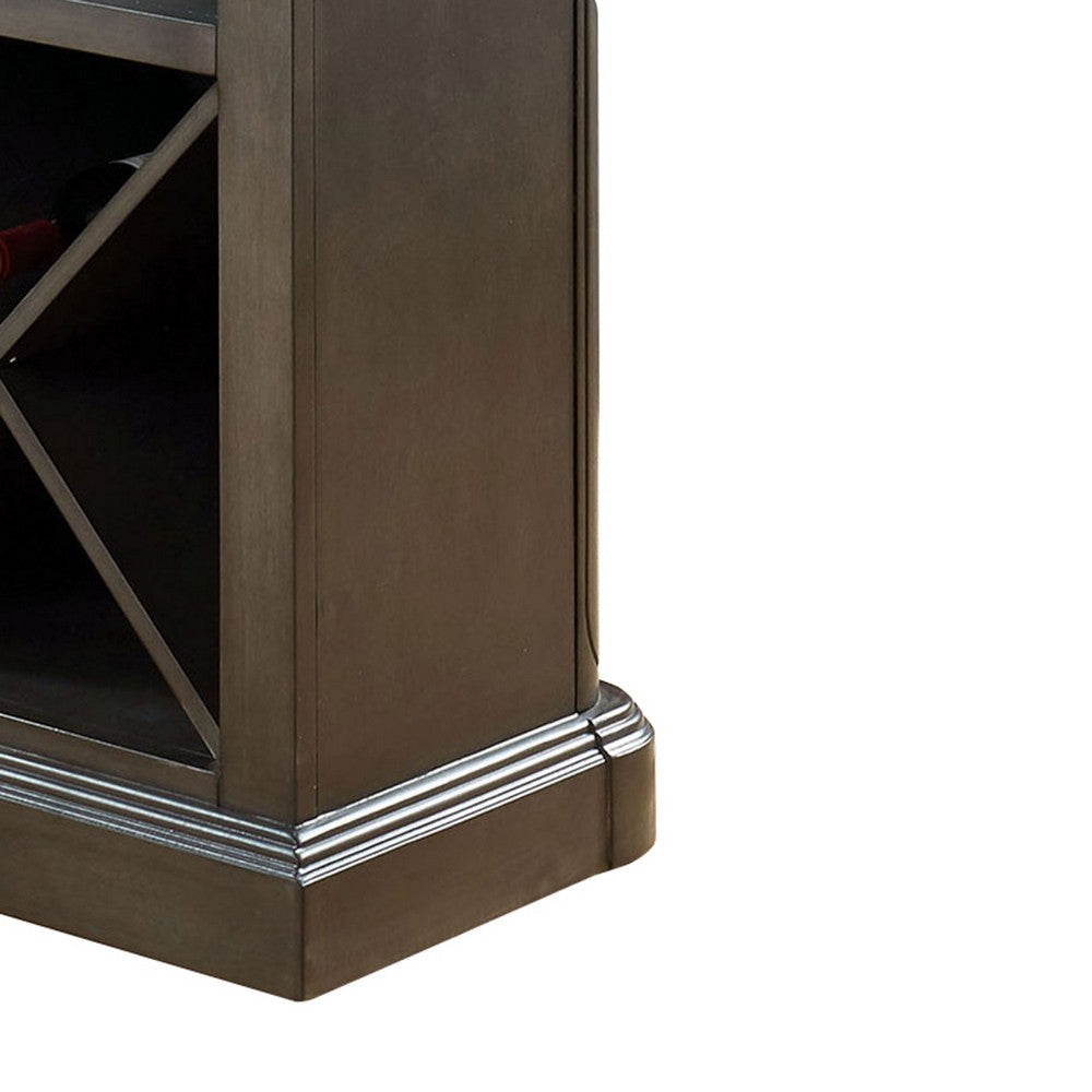 Wooden Bar Table with X Shaped Wine Holders and Wide Shelf, Gray