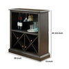 Wooden Bar Table with X Shaped Wine Holders and Wide Shelf, Gray