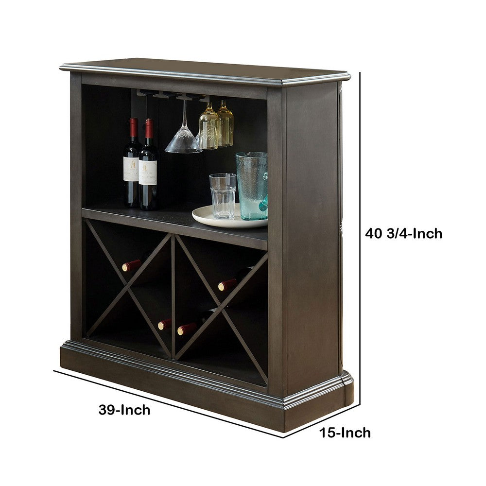 Wooden Bar Table with X Shaped Wine Holders and Wide Shelf, Gray