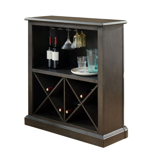 Wooden Bar Table with X Shaped Wine Holders and Wide Shelf, Gray