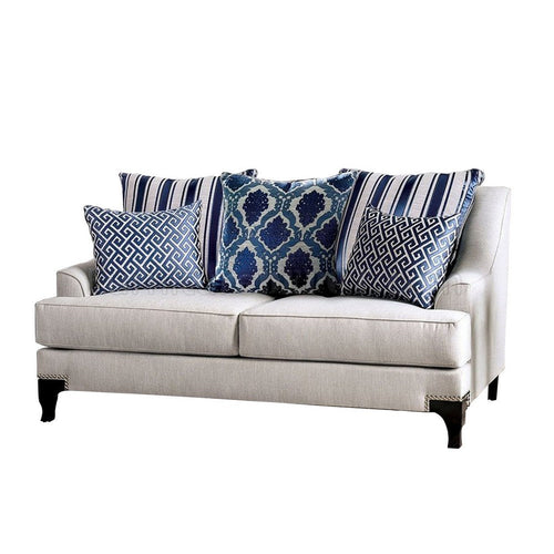 Loveseat | Fabric Upholstered | Throw Pillows | Light Gray