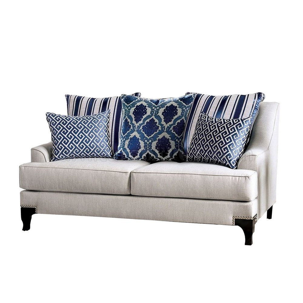 Fabric Upholstered Wooden Loveseat with Throw Pillows, Light Gray By Casagear Home