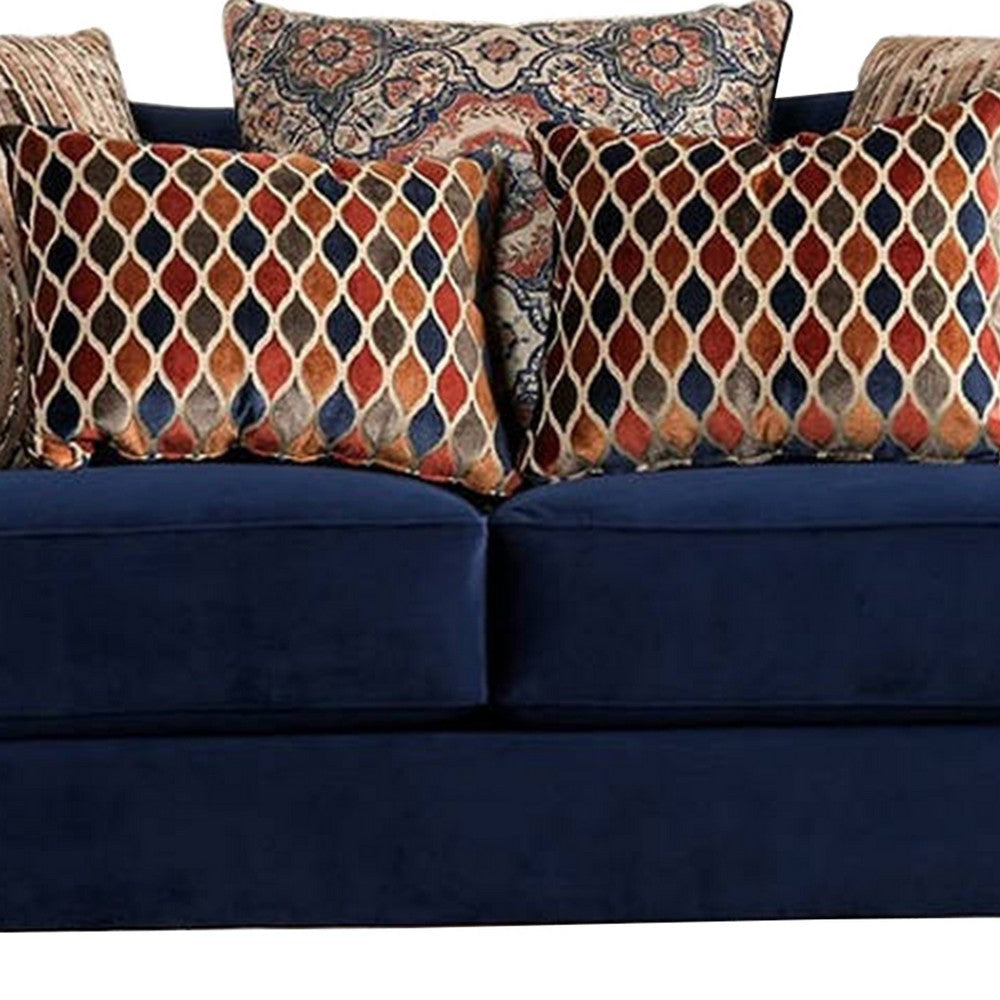 Wood and Chenille Fabric Upholstered Loveseat with Throw Pillows Blue BM204013