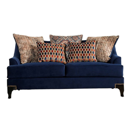 Wood and Chenille Fabric Upholstered Loveseat with Throw Pillows, Blue