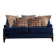 Wood and Chenille Fabric Upholstered Loveseat with Throw Pillows, Blue