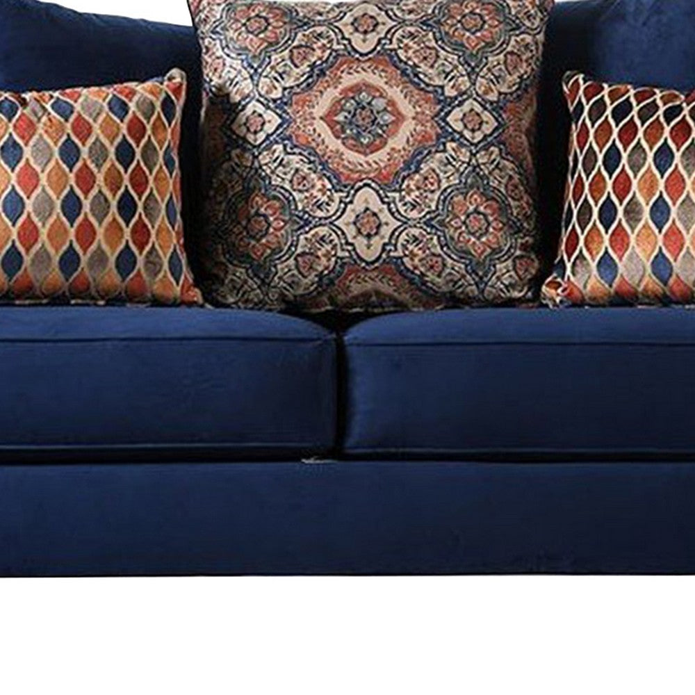 Wood and Chenille Fabric Upholstered Sofa with Throw Pillows Blue BM204014