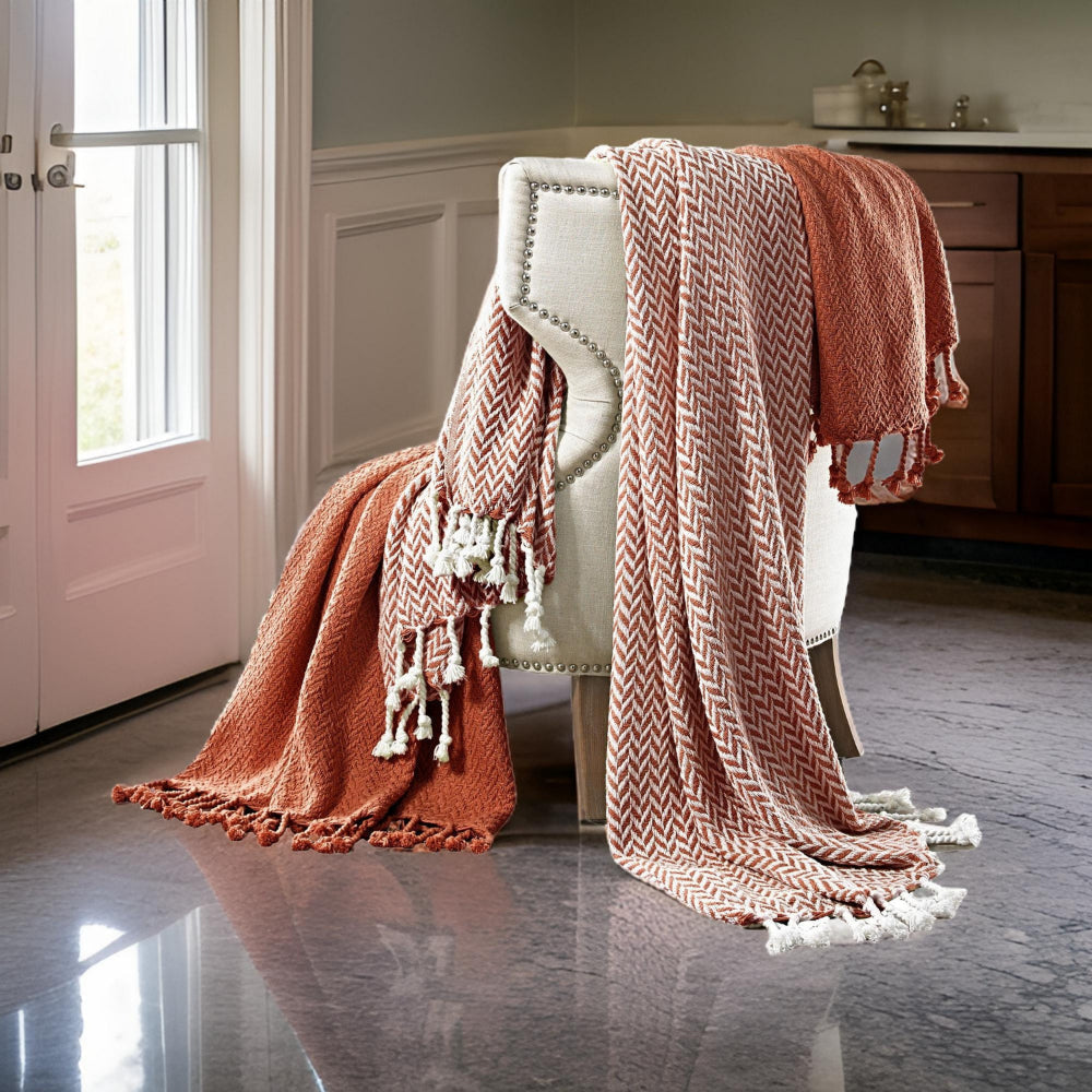 Calabria Throw | Herringbone Cotton | Set of 2 | Red & White