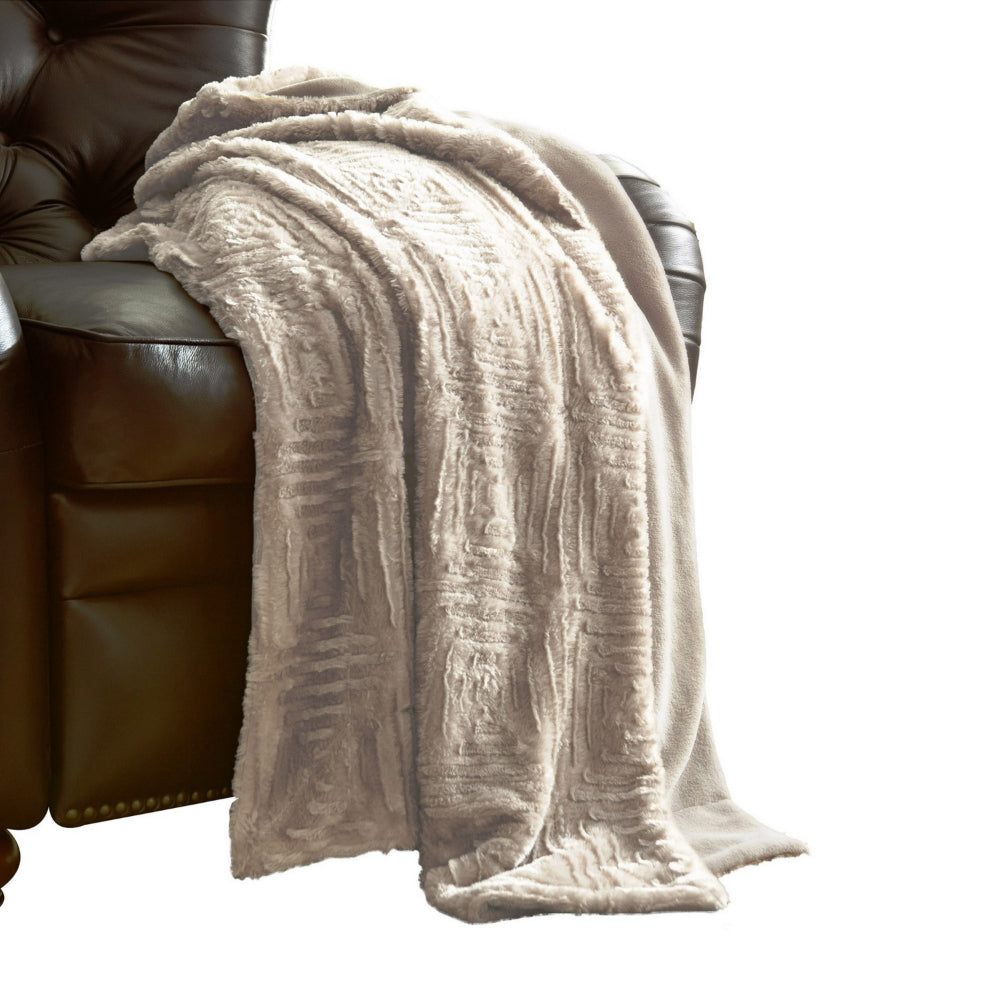 60 Inch Throw Blanket, Faux Fur, Fretted Design, Machine Washable, Cream By Casagear Home