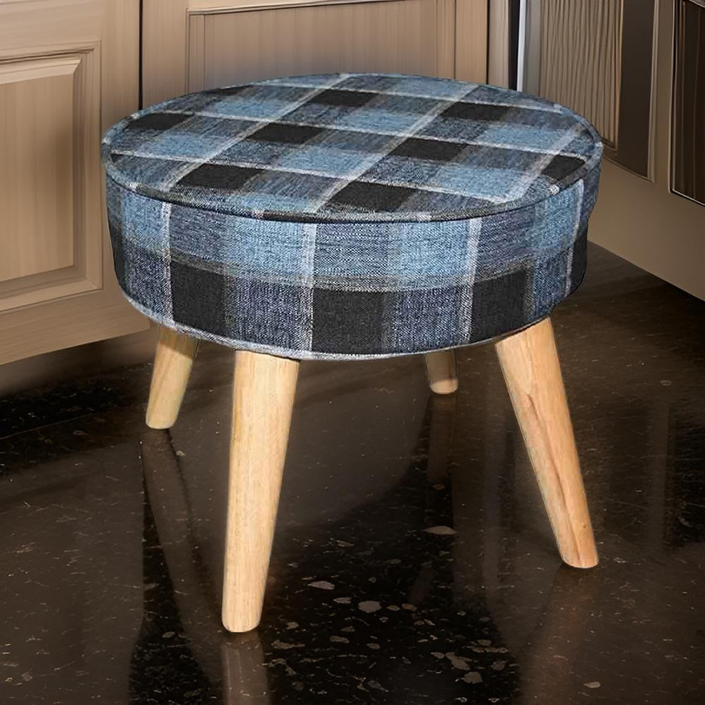 Footstool | Fabric Upholstered | Dowel Legs | Blue & Brown