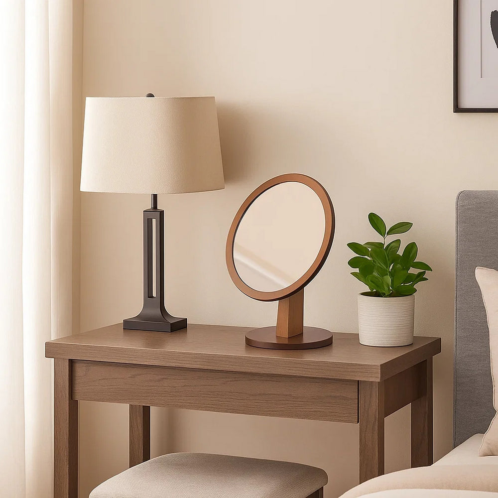 Makeup Mirror | Round | Pedestal Base | Wood | Brown & Silver