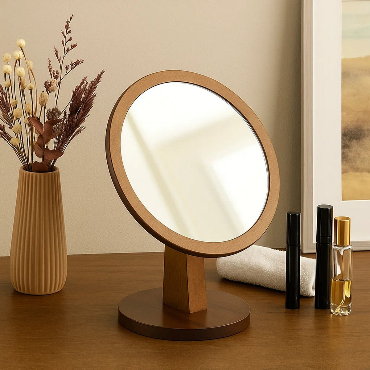 Makeup Mirror | Round | Pedestal Base | Wood | Brown & Silver