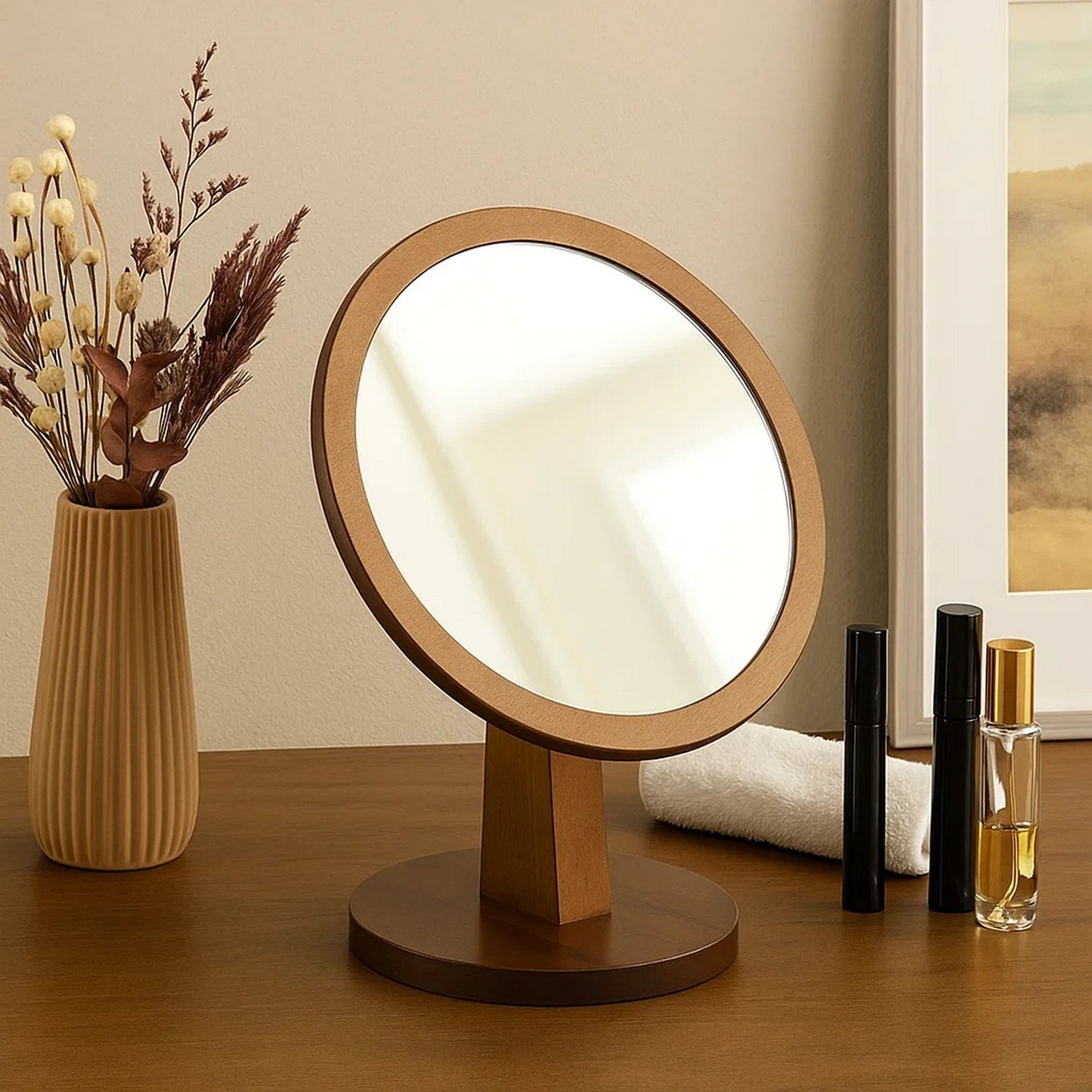 Makeup Mirror | Round | Pedestal Base | Wood | Brown & Silver
