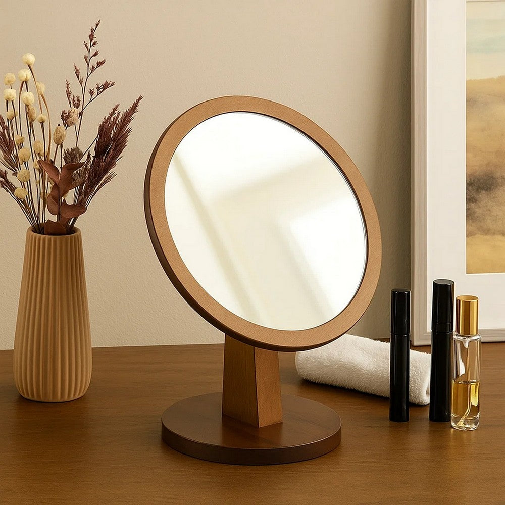Makeup Mirror | Round | Pedestal Base | Wood | Brown & Silver