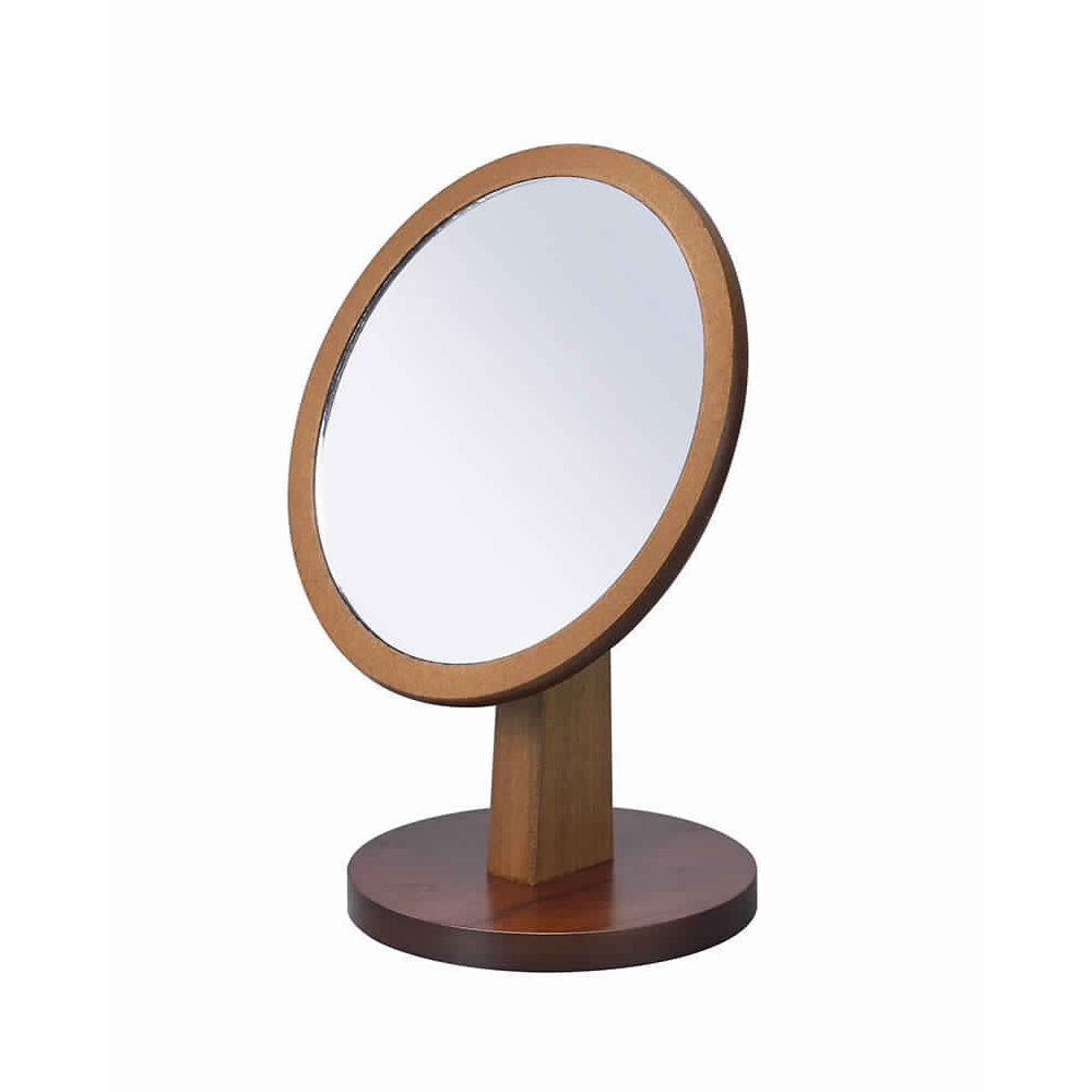 Makeup Mirror | Round | Pedestal Base | Wood | Brown & Silver