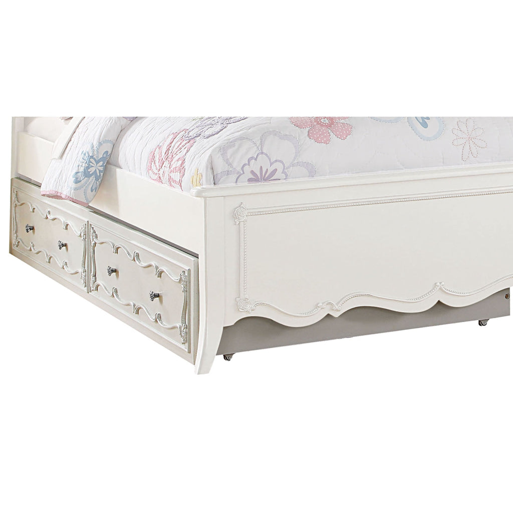 Twin Size Wooden Trundle with Round Knobs and Caster Wheels, White