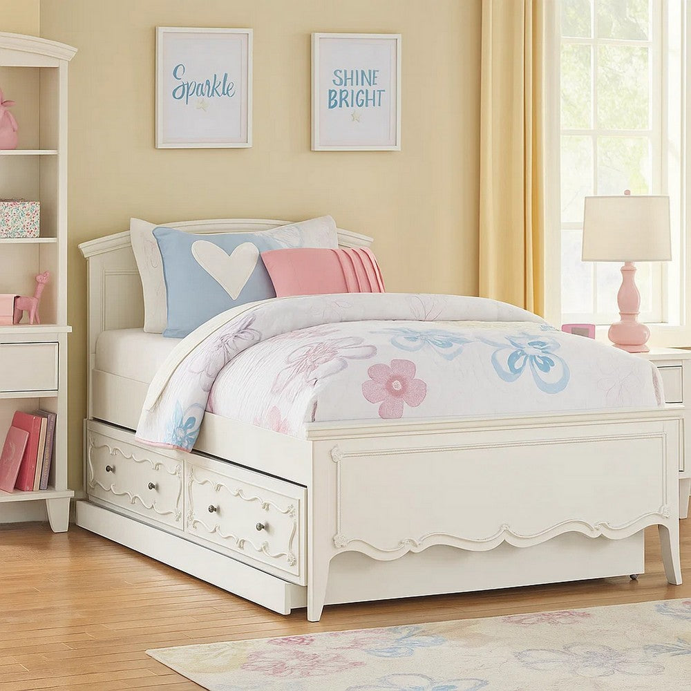 Twin Size Wooden Trundle with Round Knobs and Caster Wheels, White