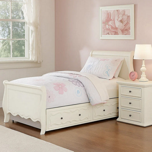 Twin Size Wooden Trundle with Round Knobs and Caster Wheels, White