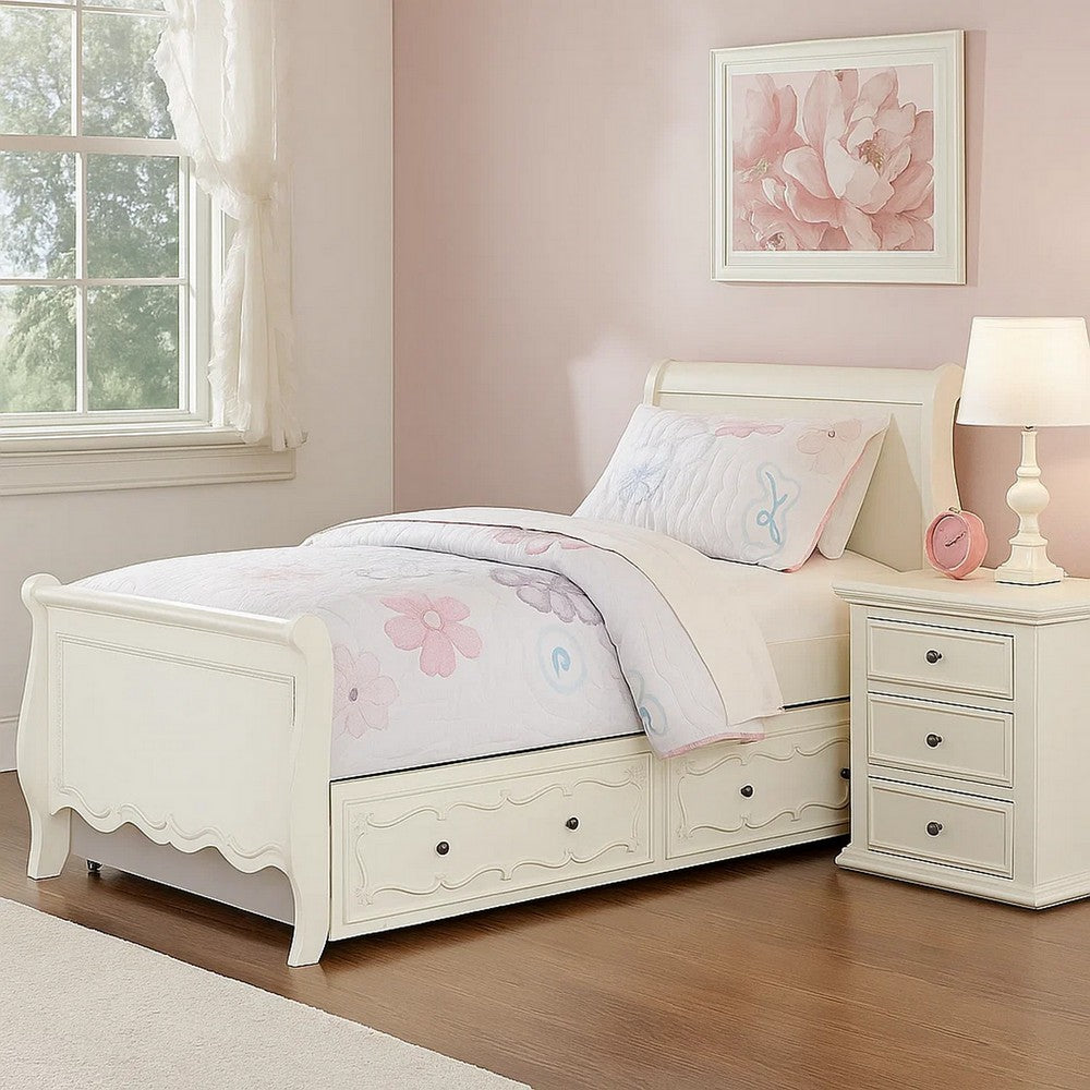 Twin Size Wooden Trundle with Round Knobs and Caster Wheels, White