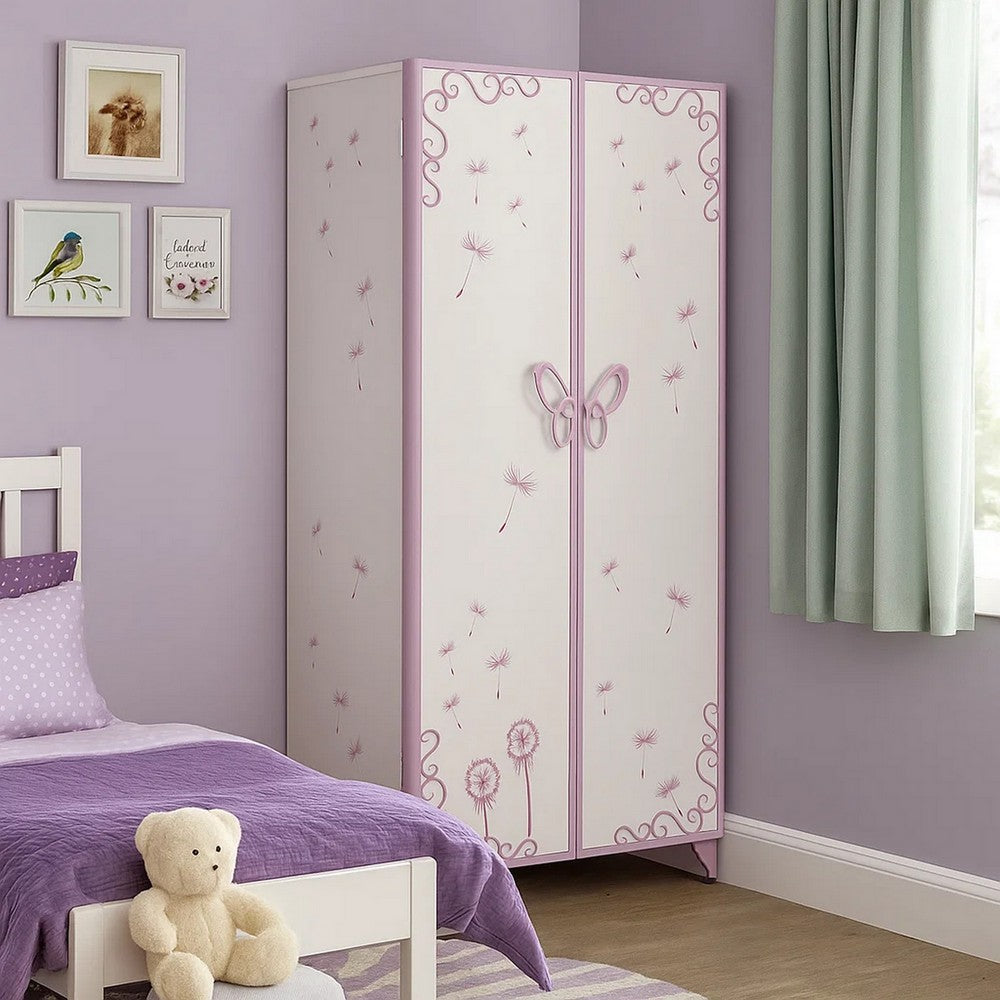 Metal Armoire with Butterfly Handle and Dandelions, White and Purple