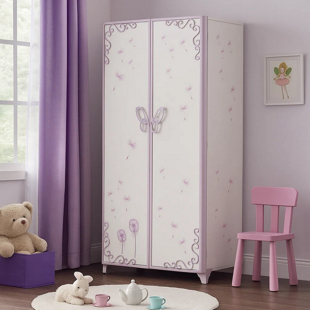 Metal Armoire with Butterfly Handle and Dandelions, White and Purple