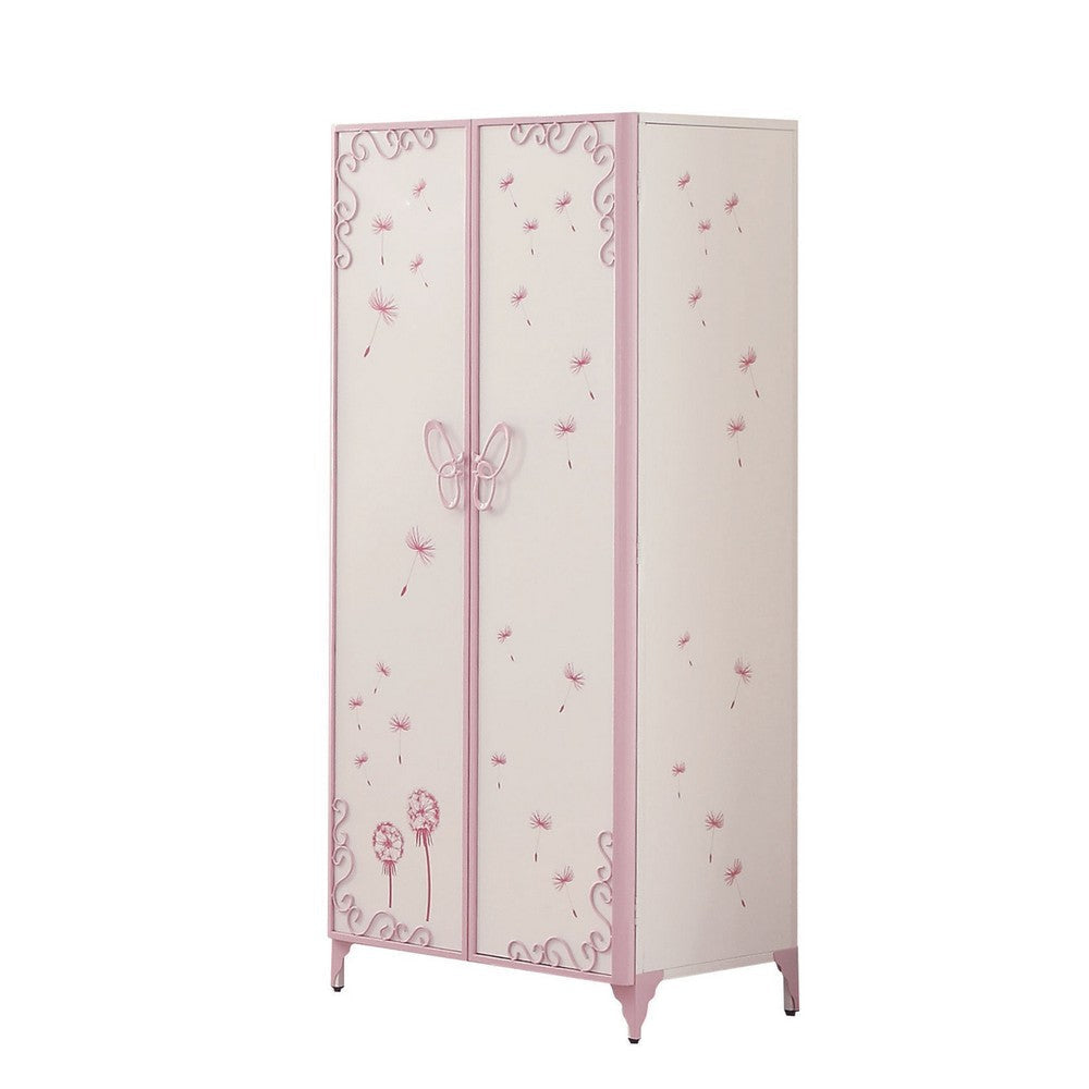 Metal Armoire with Butterfly Handle and Dandelions, White and Purple
