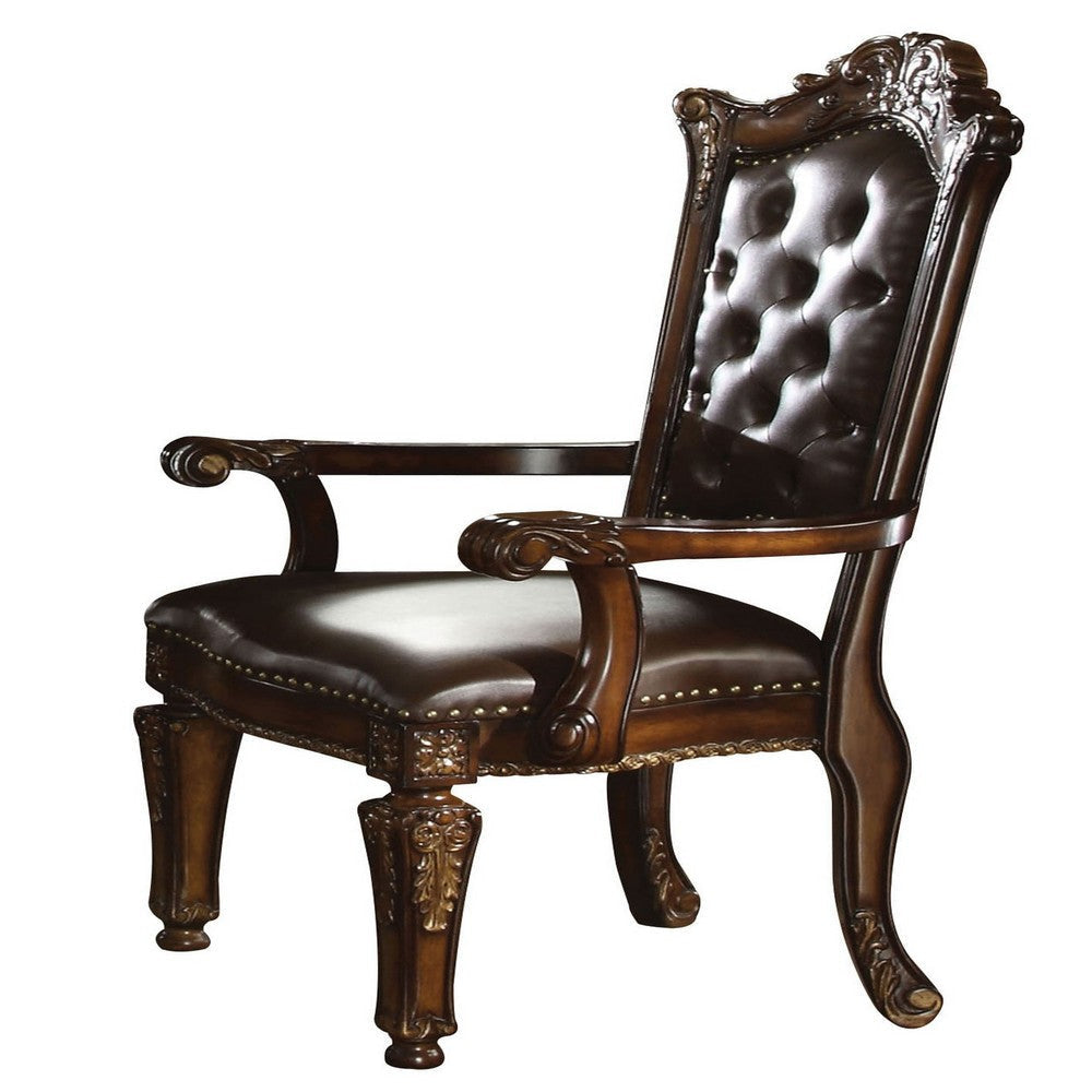 Leather Upholstered Button Tufted Wooden Side Chair, Set of Two,Brown