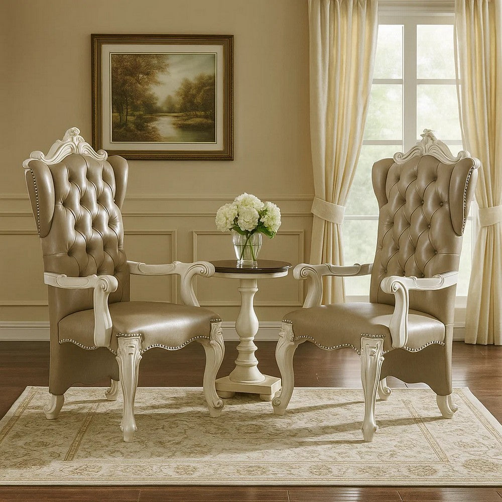 Faux Leather Upholstered Wooden Arm Chairs, Set of Two, White and Gray