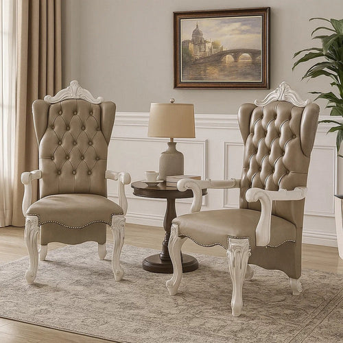Faux Leather Upholstered Wooden Arm Chairs, Set of Two, White and Gray