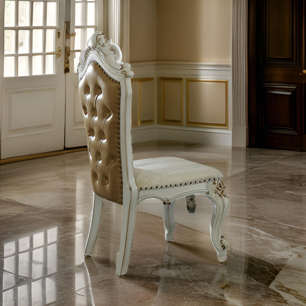 Side Chair | Tufted | Faux Leather | Set of 2 | White & Brown